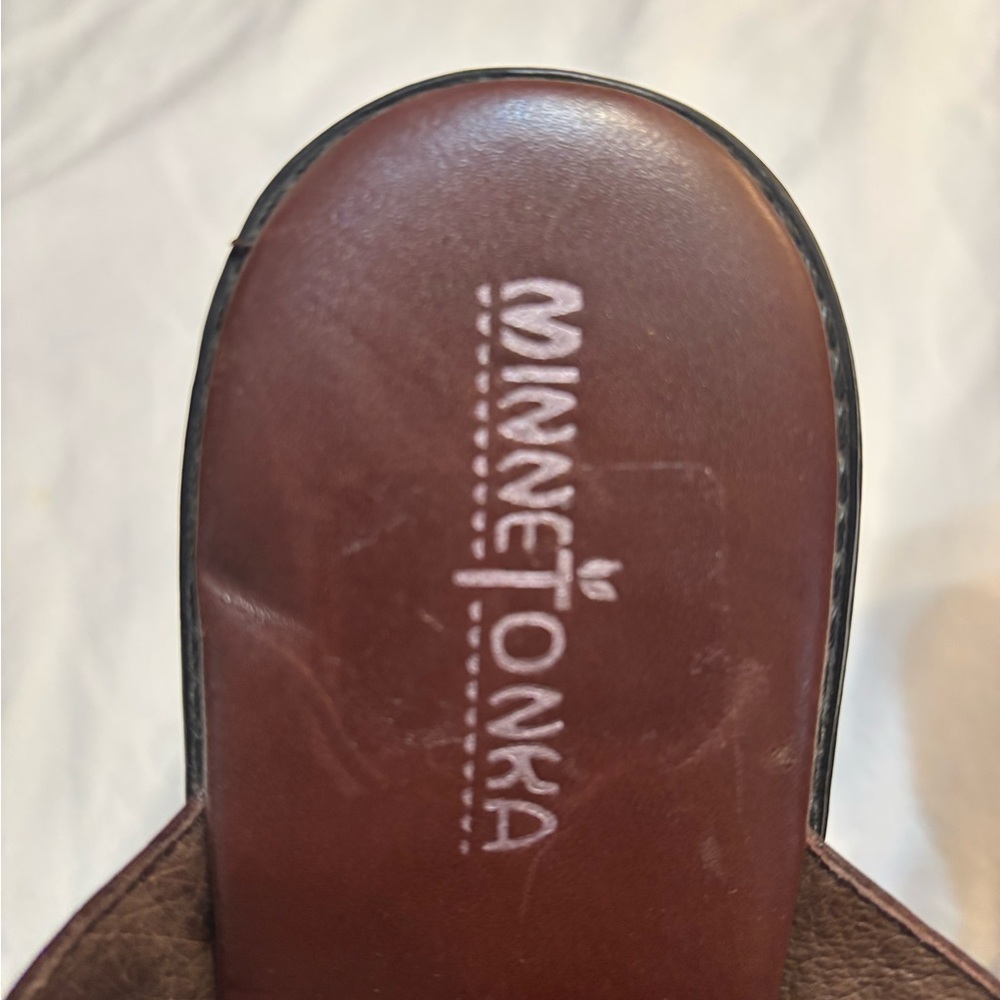 Minnetonka Women's Dark Brown Leather Mules with Buckle - Picture 4 of 6